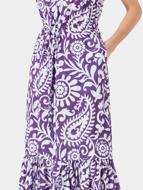 Robe longue Ida en coton violet avec imprimé cachemire 