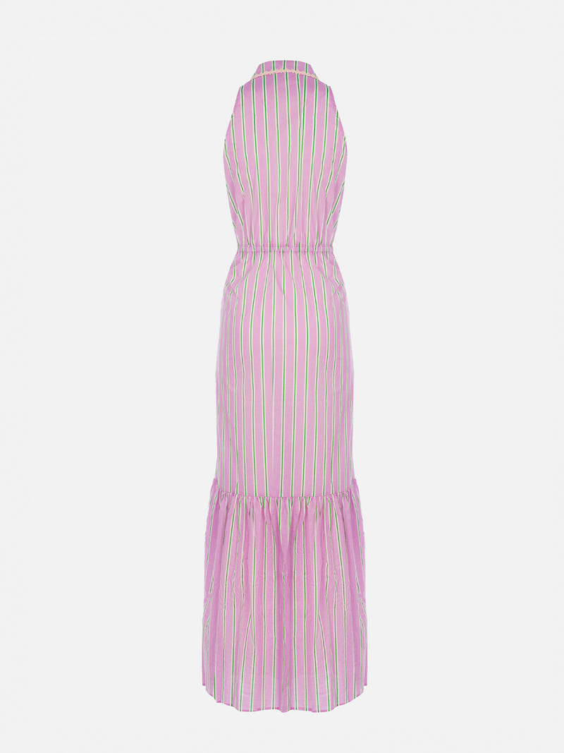 Woman halterneck dress with striped print