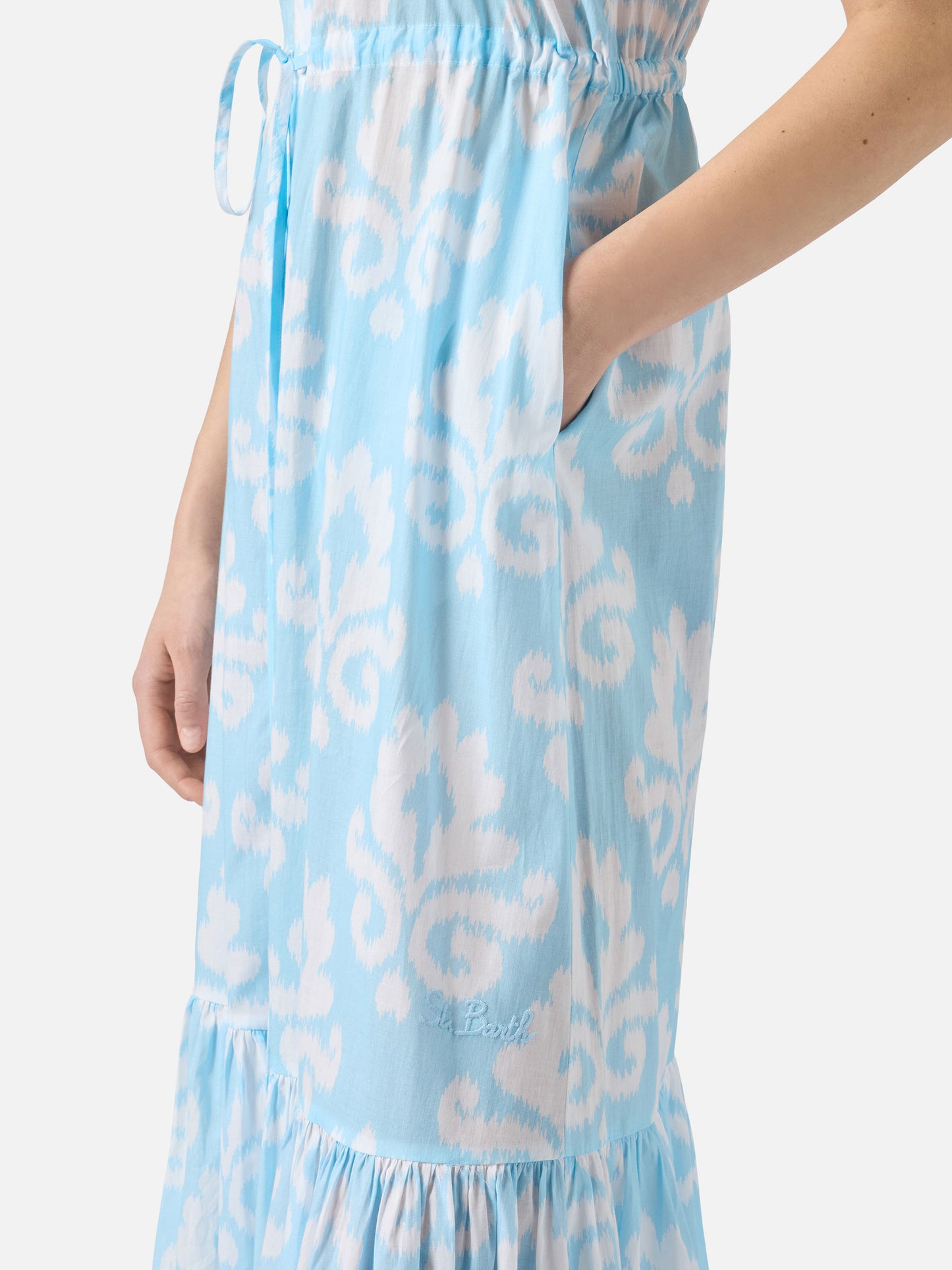 Abito lungo Ida con scollo all'americana e stampa ikat