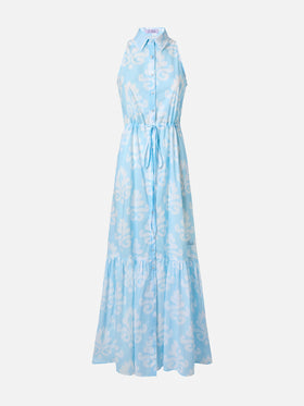 Abito lungo Ida con scollo all'americana e stampa ikat