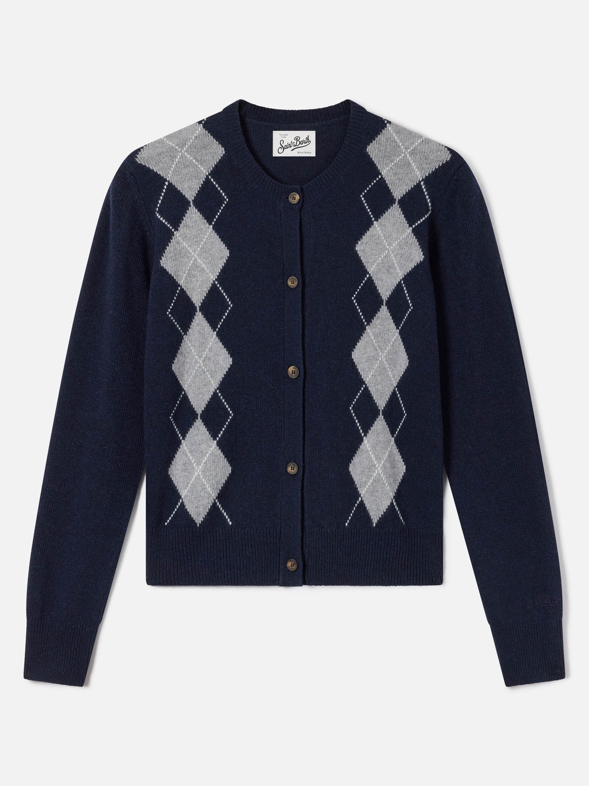 Cardigan Sierra blu navy in misto lana e cashmere con motivo argyle