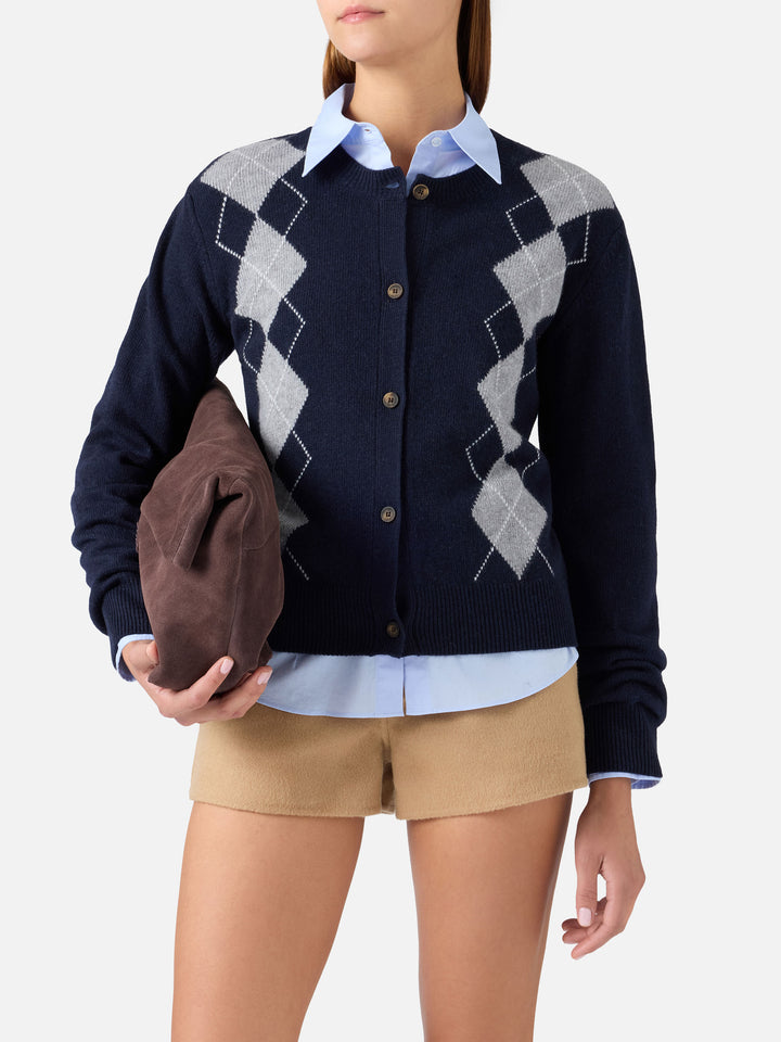 Cardigan Sierra blu navy in misto lana e cashmere con motivo argyle