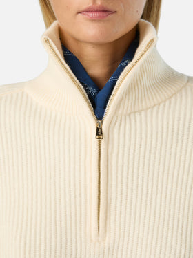 Pull en laine Isalyn Off white à demi-zip 
