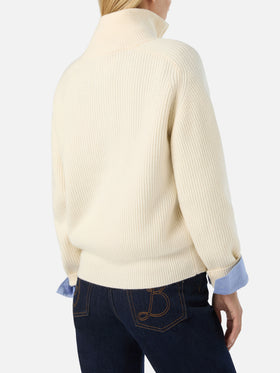 Pull en laine Isalyn Off white à demi-zip 