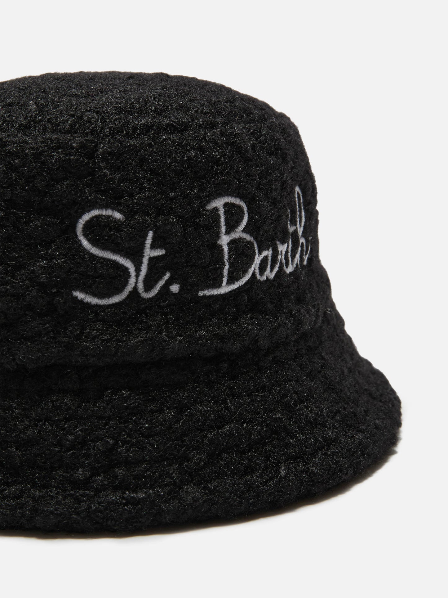 Black sherpa bucket hat with front embroidery