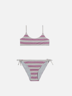 Bikini Jaiden a righe rosa e silver in maglina lurex