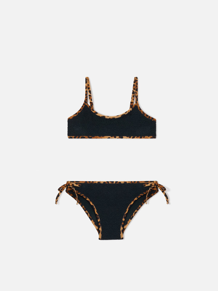 Jaiden String black crinkle bikini with leopard trims