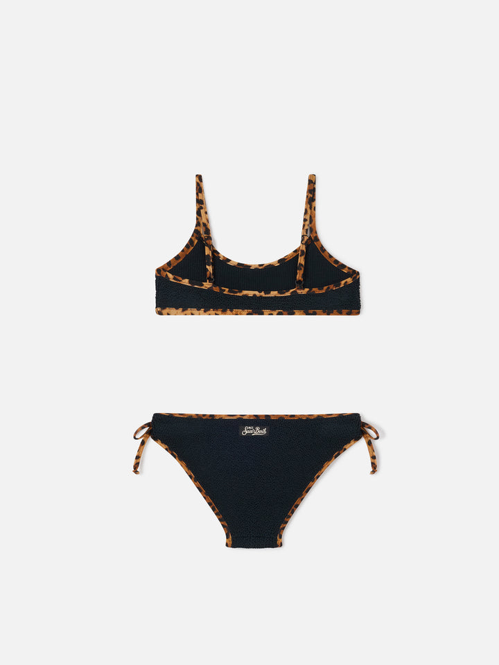 Jaiden String black crinkle bikini with leopard trims