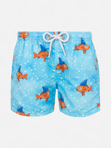 Jean mid-length swim shorts with fake shark print