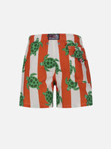 Boy mid-length Jean swim-shorts with sea turtle print