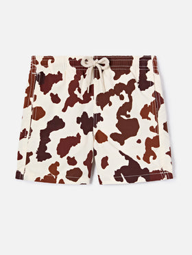 Jean swim shorts with cow animal print