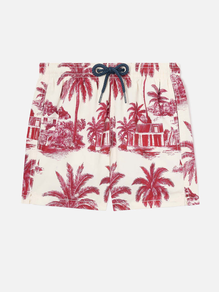 Short de bain Jean avec imprimé Toile de Jouy rouge 