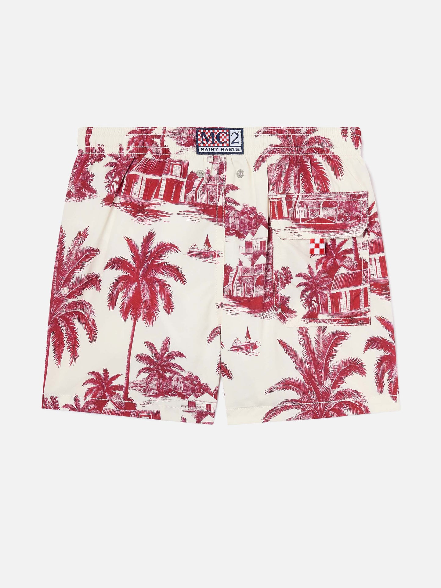 Short de bain Jean avec imprimé Toile de Jouy rouge 