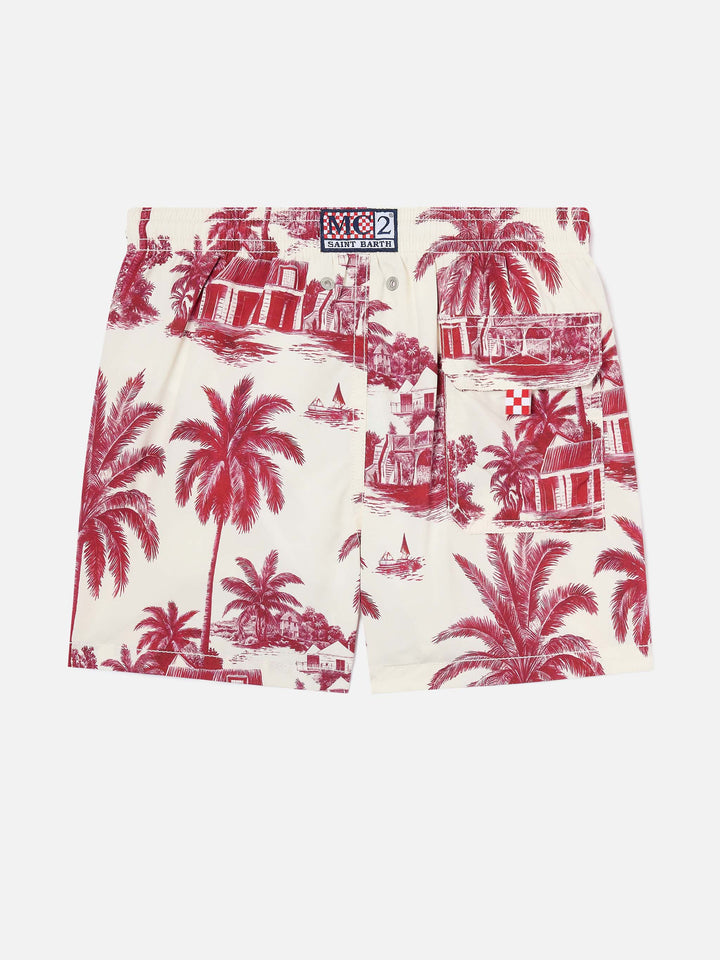 Short de bain Jean avec imprimé Toile de Jouy rouge 