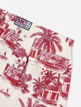 Short de bain Jean avec imprimé Toile de Jouy rouge 