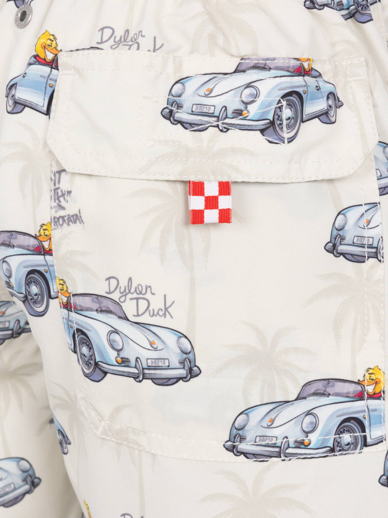 Jean mid-length swim shorts with Cryptopuppets car print | CRYPTOPUPPETS SPECIAL EDITION