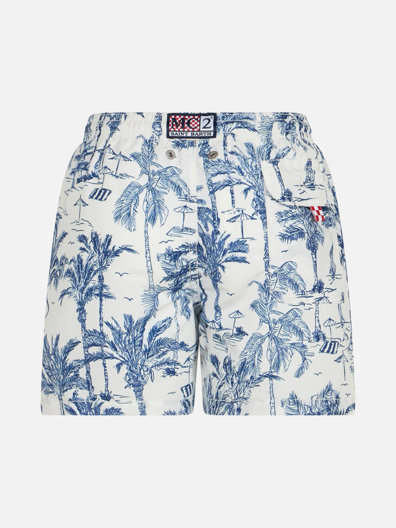 Boy mid-length Jean swim-shorts with toile de jouy print