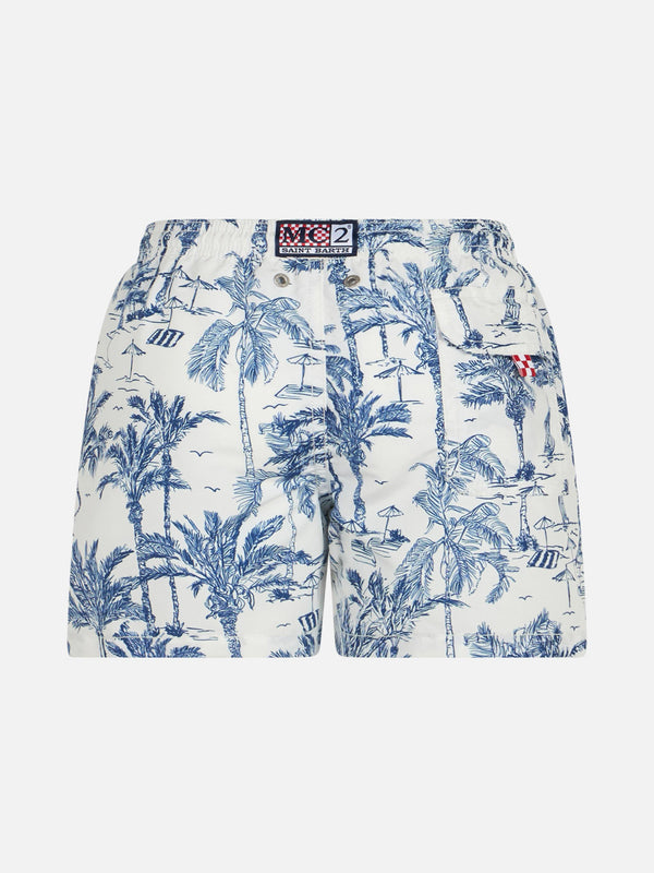 Boy mid-length Jean swim-shorts with toile de jouy print