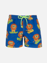 Boy mid-length Jean swim-shorts with skating leo print