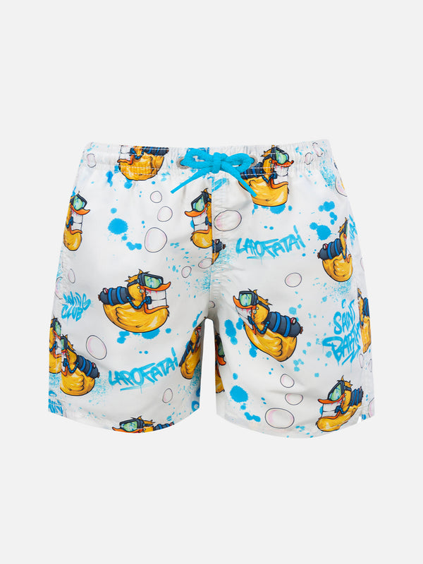 Boy mid-length Jean swim-shorts with Crypto Ducky print | CRYPTOPUPPETS SPECIAL EDITION