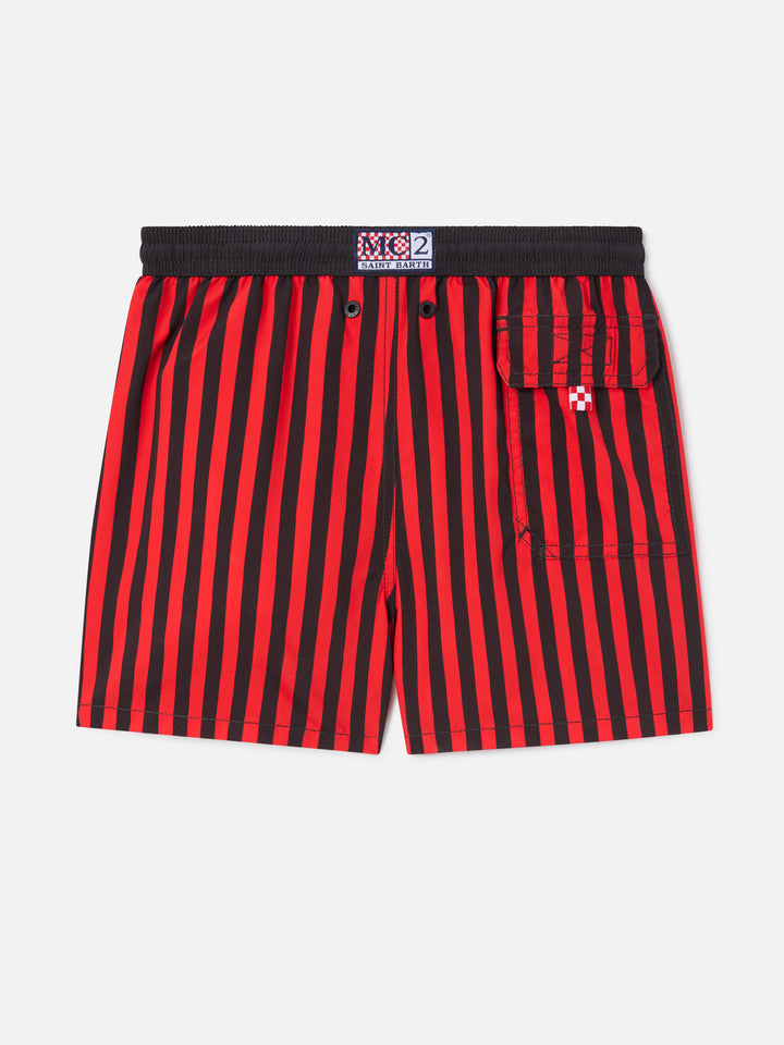 Short de bain Jean rouge et noir à imprimé rayé avec écusson Milan | Special edition 