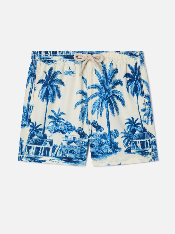 Jean swim shorts with Toile de Jouy blue print