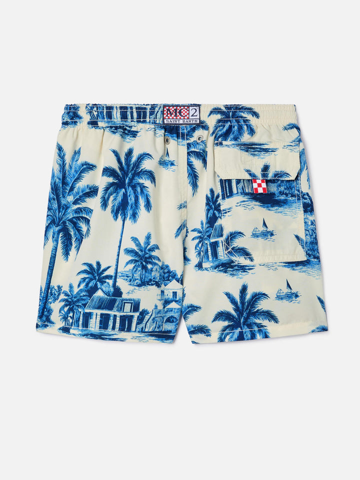 Jean swim shorts with Toile de Jouy blue print