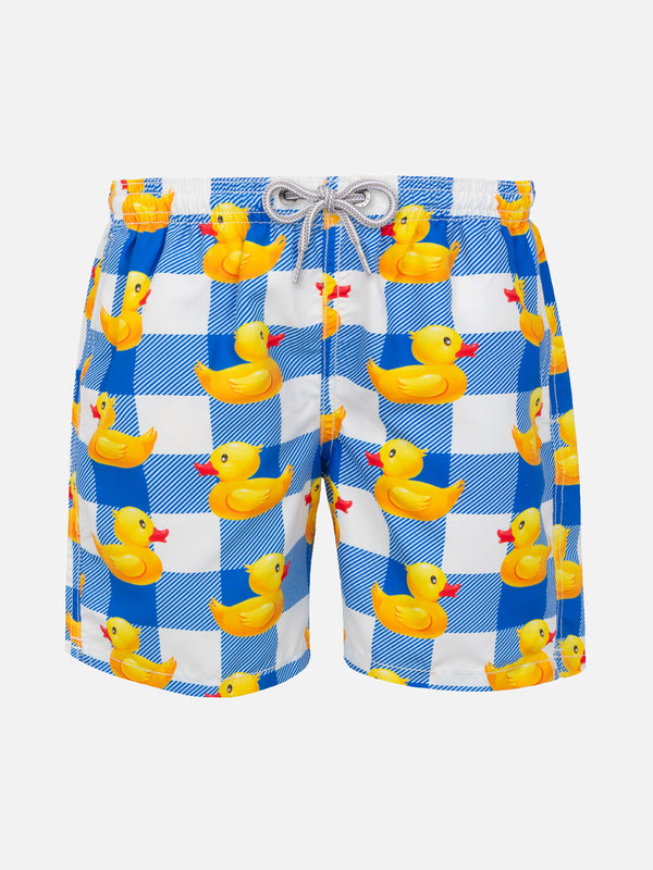 Boy swim shorts with gingham with ducky print