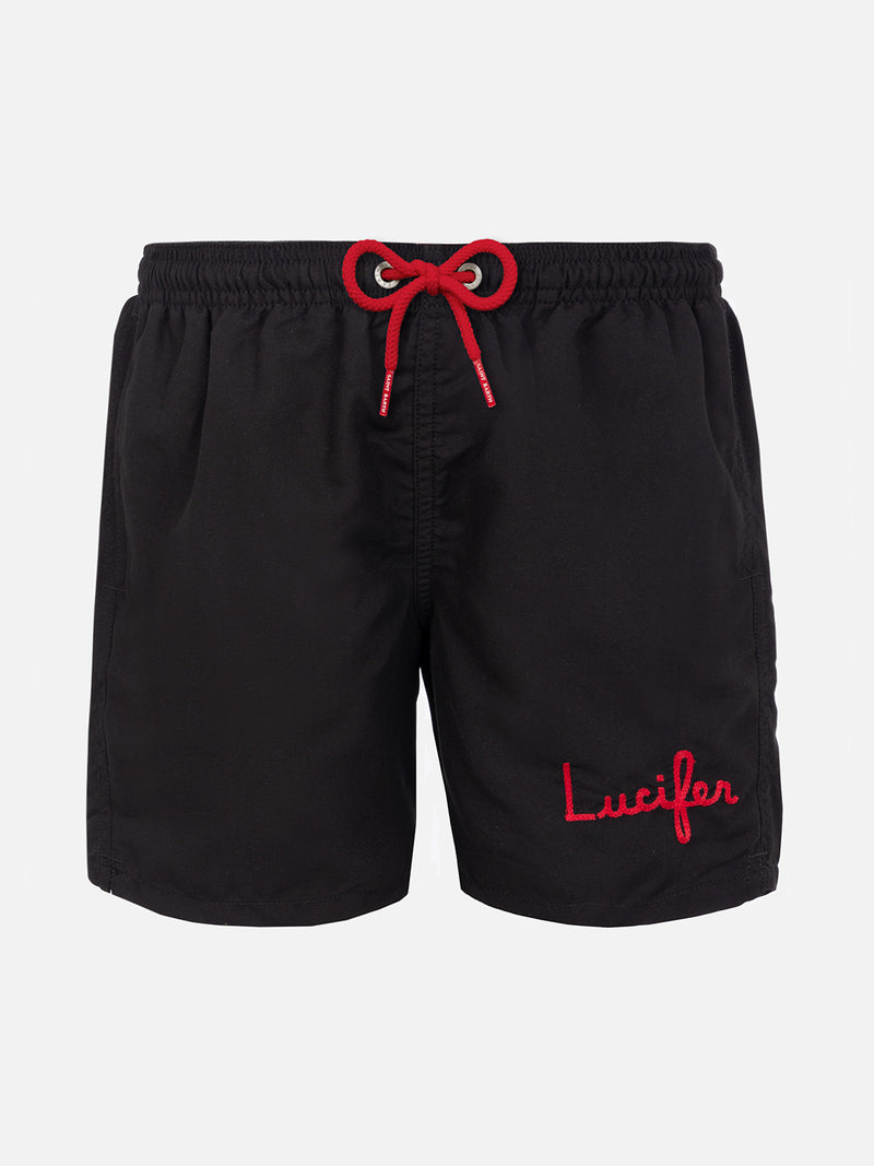 Badeshorts für Jungen mit Lucifer-Stickerei