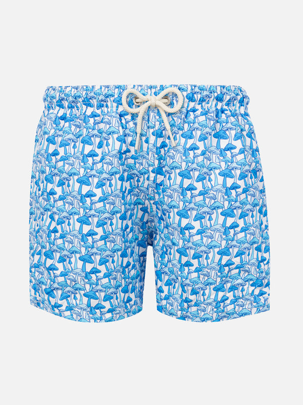 Badeshorts für Jungen aus leichtem Stoff mit hellblauem Pilzdruck