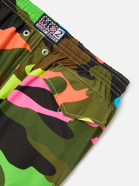 Boy swim shorts with multicolor fluo camouflage print