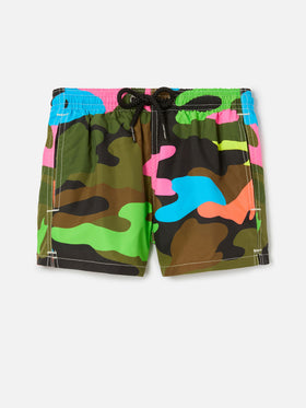 Boy swim shorts with multicolor fluo camouflage print