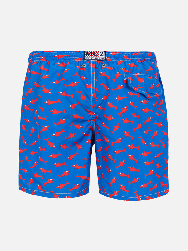 Boy swim shorts with red shark print