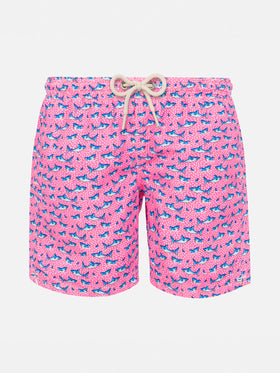 Boy light fabric swim shorts with sharks print