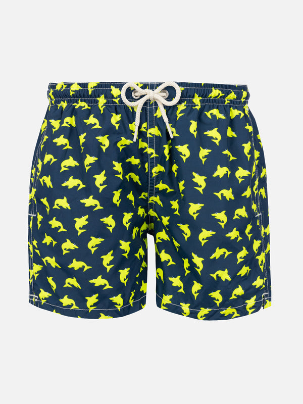 Badeshorts für Jungen aus leichtem Stoff mit fluoreszierendem Hai-Print