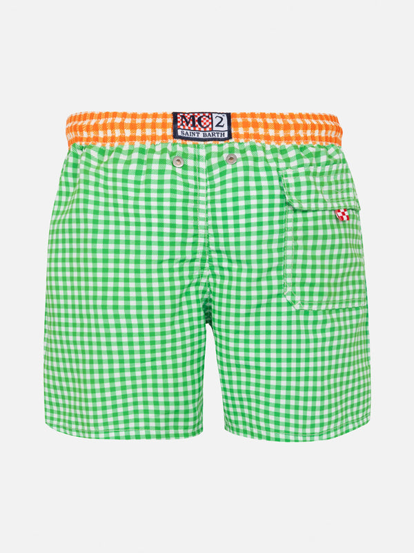 Grüne Badeshorts für Jungen mit Gingham-Karomuster und Stickerei