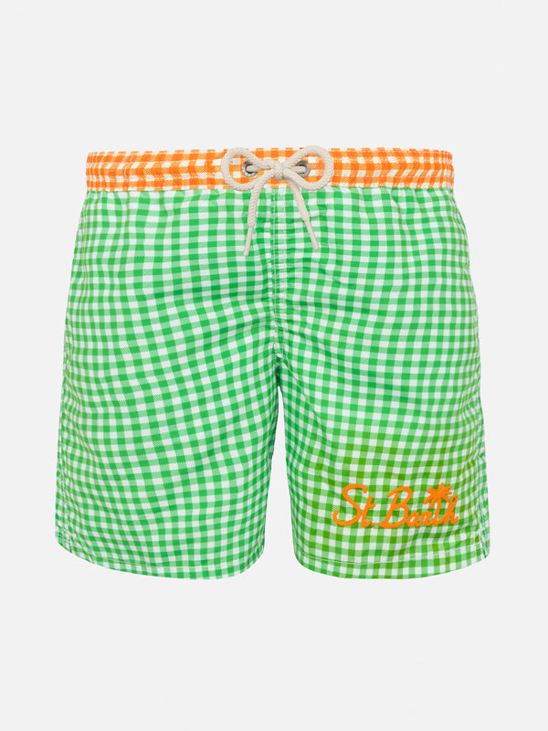 Grüne Badeshorts für Jungen mit Gingham-Karomuster und Stickerei