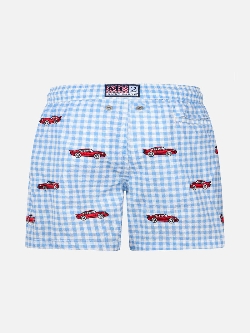 Boy seersucker swim-shorts Jean with cars embroidery