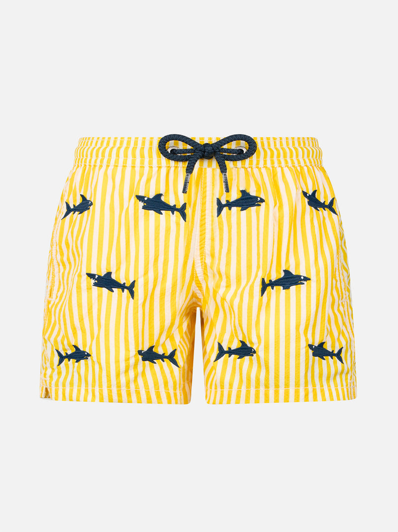 Boy seersucker swim-shorts Jean with sharks embroidery