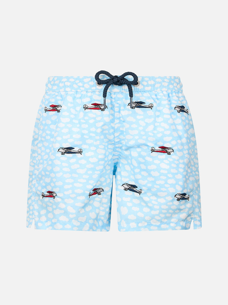 Boy lightweight fabric swim-shorts Jean Lighting with airplanes embroidery