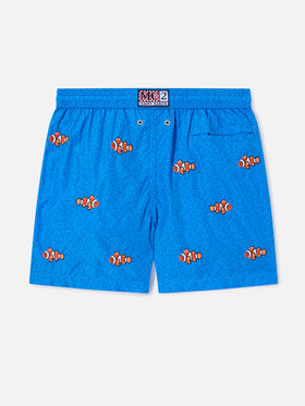 Jean Embroidery swim shorts with Clownfish on coral background