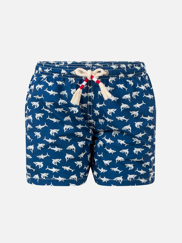 Boy lightweight fabric swim-shorts Jean Lighting 70 with sharks print