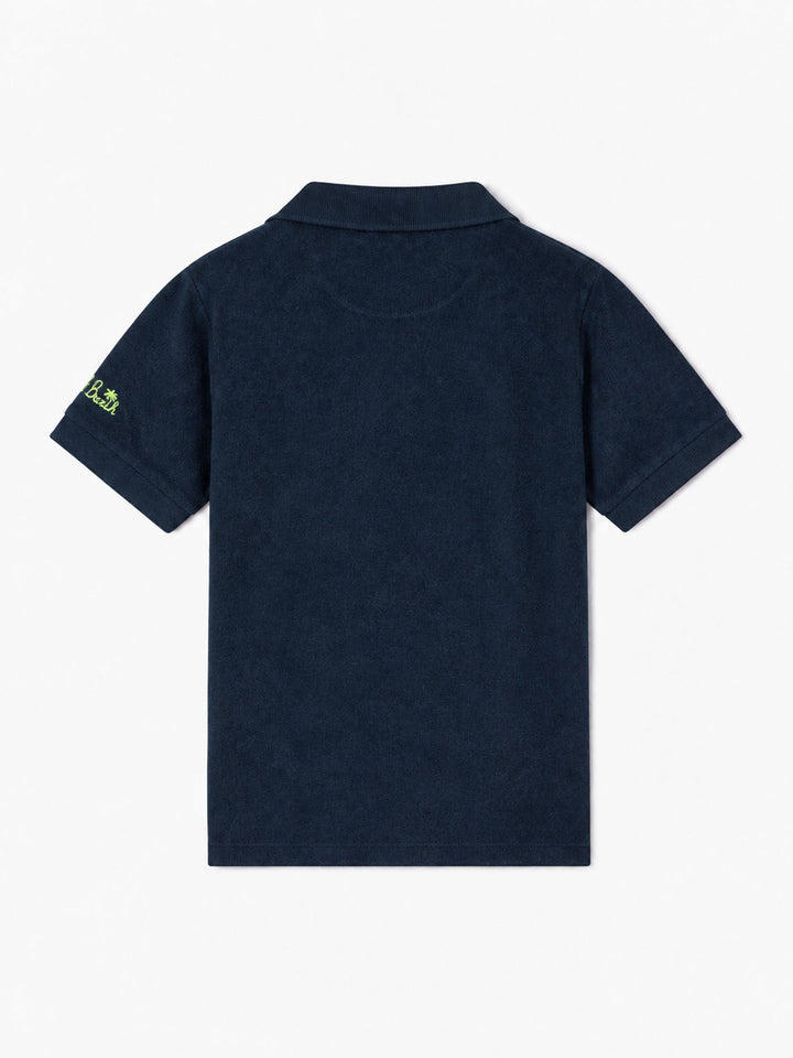 Polo da bambino in spugna blu con ricamo palme
