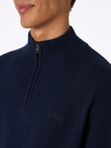 Maglione blu in Lambswool con cerniera a un quarto da uomo Jermyn