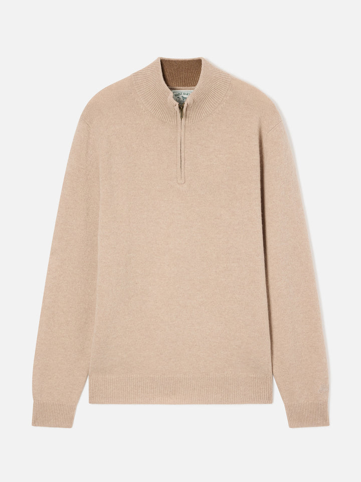 Maglia Jermyn beige in lana d'agnello con mezza zip e collo a contrasto