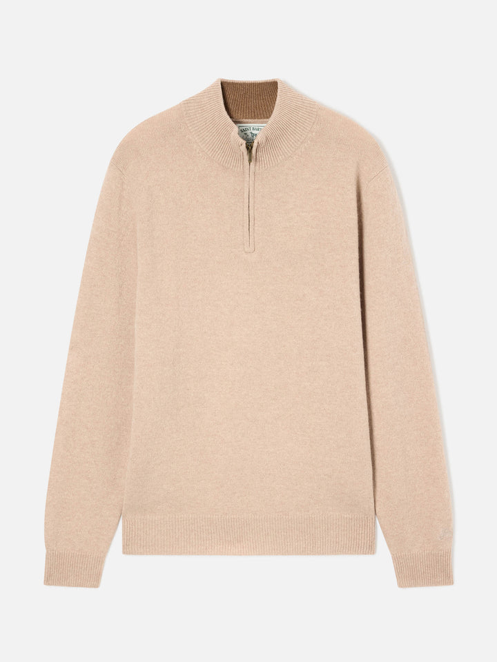 Beige Jermyn lambswool half zip knit with contrasting collar