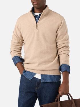 Beige Jermyn lambswool half zip knit with contrasting collar
