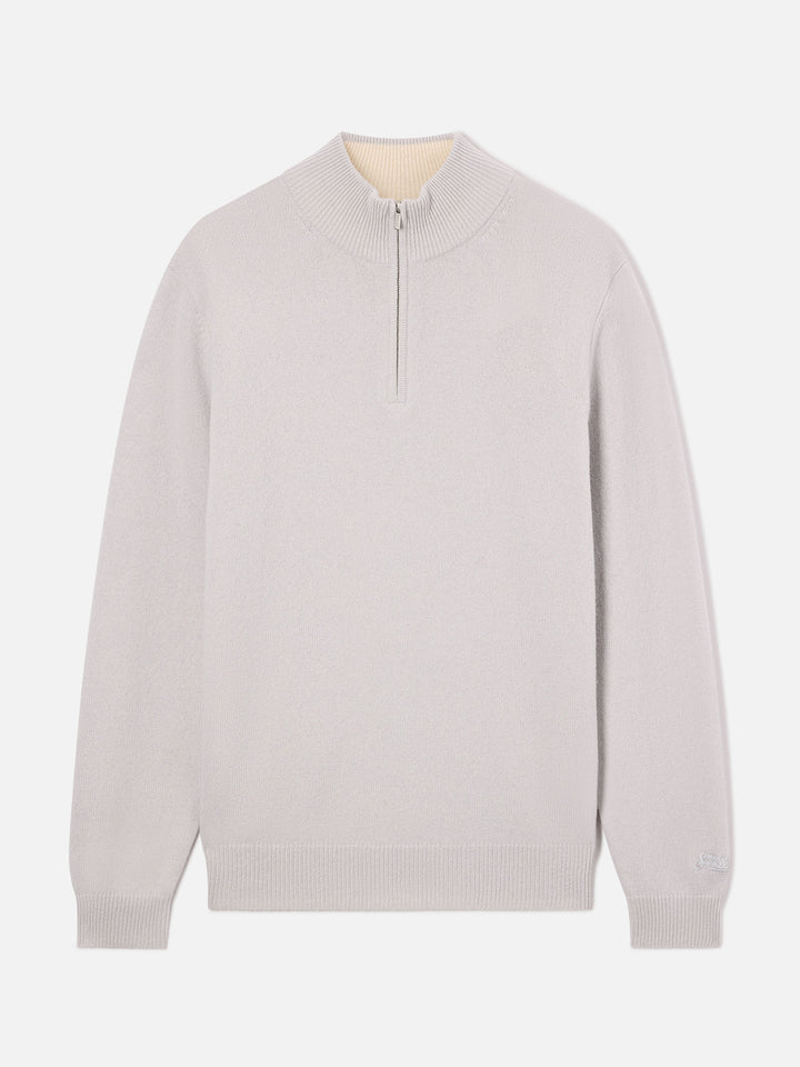Maglia Jermyn pietra chiaro in lana d'agnello con mezza zip e collo a contrasto