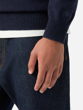Marineblauer blue Jermyn Strickpullover aus Lammwolle mit Halbzip und kontrastierendem Kragen 