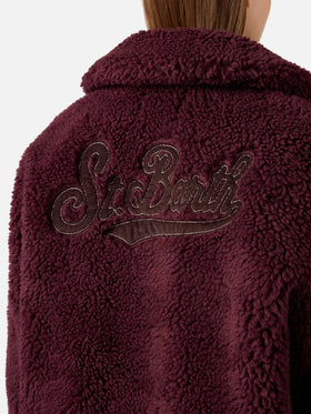 Teddy-Jacke Aubergine Jeanne aus Wollmischung mit Logo-Patch 